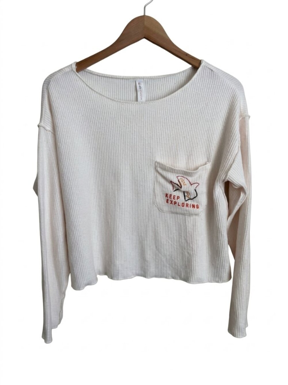 Anthropologie Daily Practice Waffle Knit Crop Thermal Top Cream Embroidered S